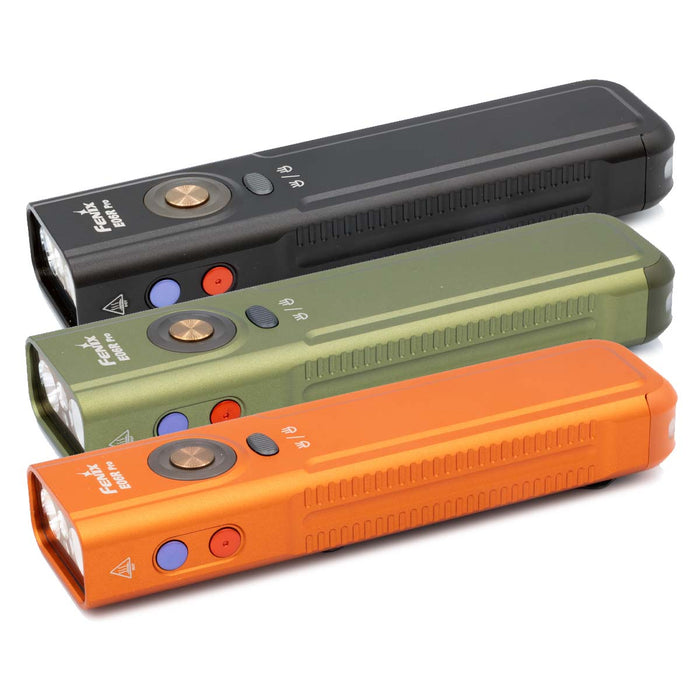 Fenix E06R Pro Flat Flashlight displaying the three color options on a white background