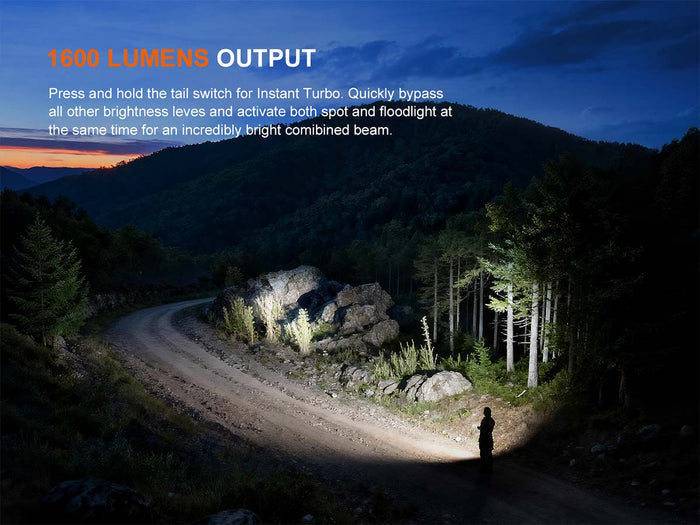Person walking on a forest path illuminated by the Fenix E06R Pro with text about lumens output