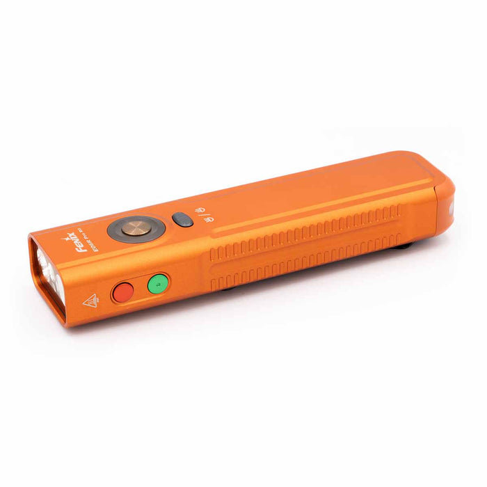 Fenix E06R PRO RG Flat Flashlight in orange on white background