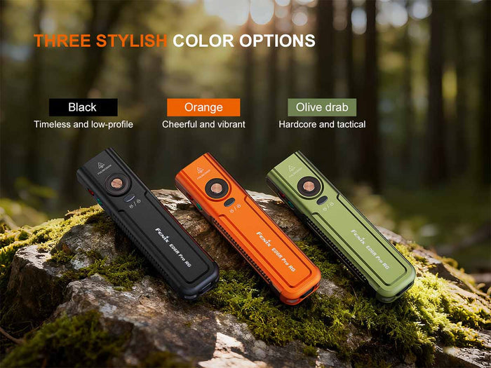 Three E06R PRO RG color options and descriptions on a rock with a forest background