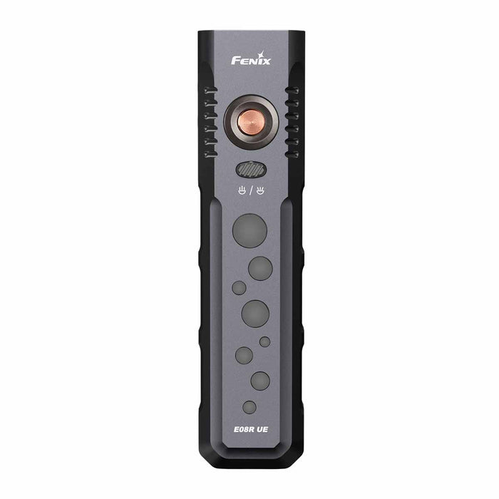 E08R UE Flat Flashlight Black Straight-On View on a white background