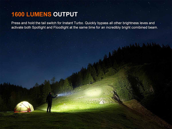 Person camping in a forest at night, highlighting 1600 lumens output feature of the Fenix E08R UE flat flashlight
