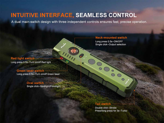 Fenix E08R UE flat flashlight with various switches and control operation a rocky background