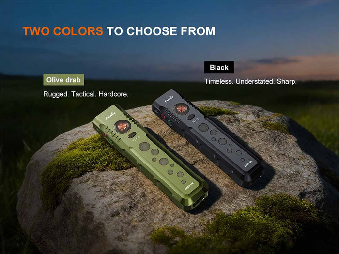 Two Fenix E08R UE flat flashlights on a rock with color options displayed above