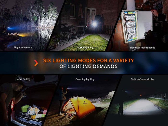 Fenix E35R Rechargeable EDC Flashlight six lighting modes including night adventure, indoor lighting, electrical maintenance, items finding, camping lighting, and self defense