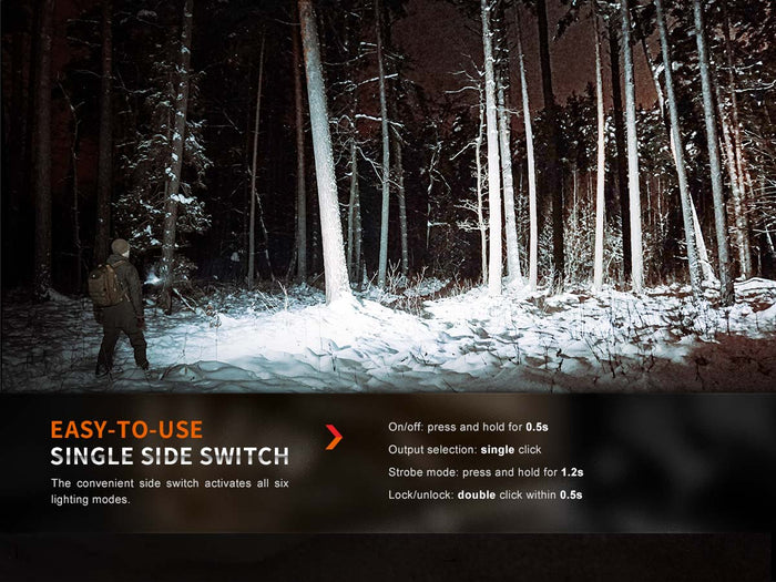 Person with the Fenix E35R Rechargeable EDC Flashlight with text about the single side switch