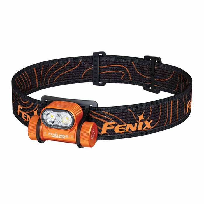 Orange and black HM55R RENEGADE headlamp with Fenix logo on a white background