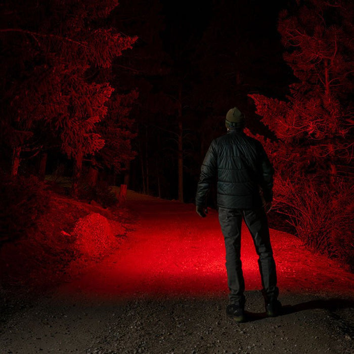 Person walking through a dark forest with the red light activated on the HM55R headlamp