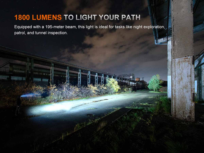 Fenix HM61R V3.0 rechargeable headlamp with text about lumen output with light illuminating a path at night