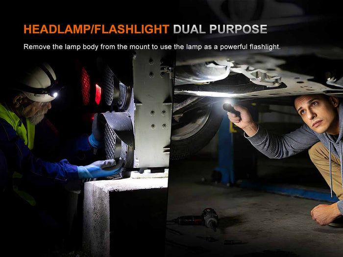 Two people working on a vehicle with the Fenix HM61R V3.0 highlighting the  headlamp/flashlight dual-purpose feature