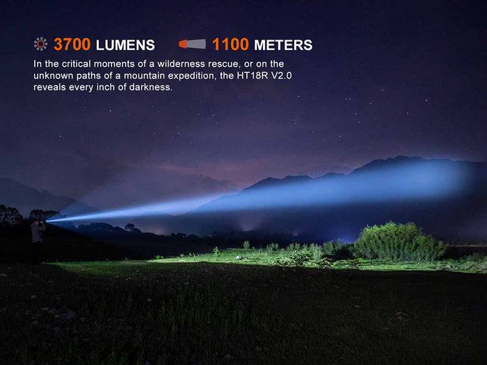 Fenix HT18R V2.0 Long Distance Flashlight  illuminating a mountainous landscape with text about 3700 lumens and 1100m range.