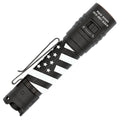 Fenix LD30 RENEGADE flashlight with American flag engraved design wrapped around its body and a custom engraving on the head on a white background