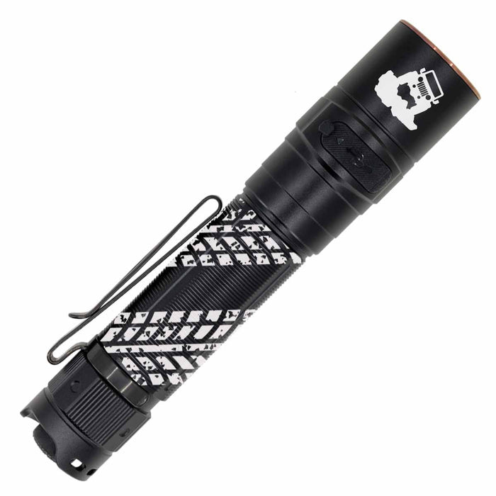 A black tactical flashlight with a textured grip, a black metal pocket clip, and a white graphic logo