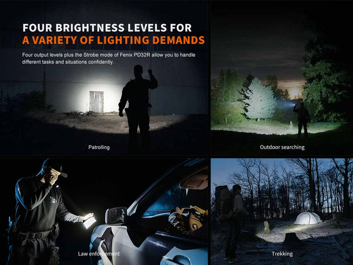 Four images highlighting the Fenix PD32R rechargeable flashlight brightness output levels