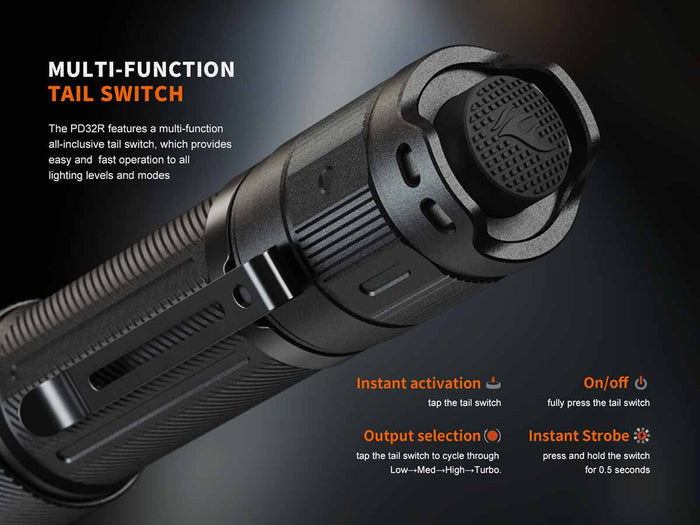 Fenix PD32R rechargeable flashlight with text about multi-function tail switch activation