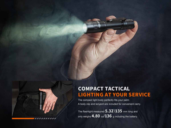 Hand holding Fenix PD32R rechargeable flashlight with text about compact size