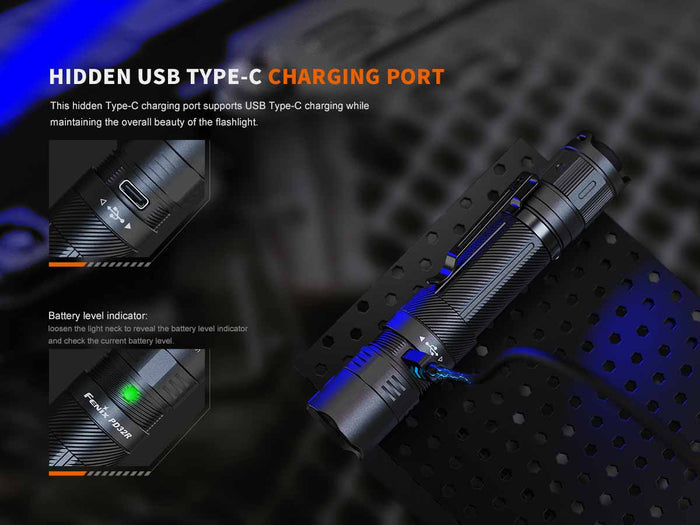 image of the Fenix PD32r rechargeable flashlight and the hidden USB Type-C charging port and battery indicator