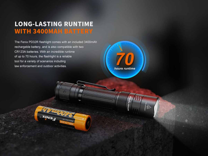 Fenix PD32R rechargeable flashlight and battery with text about long lasting runtime