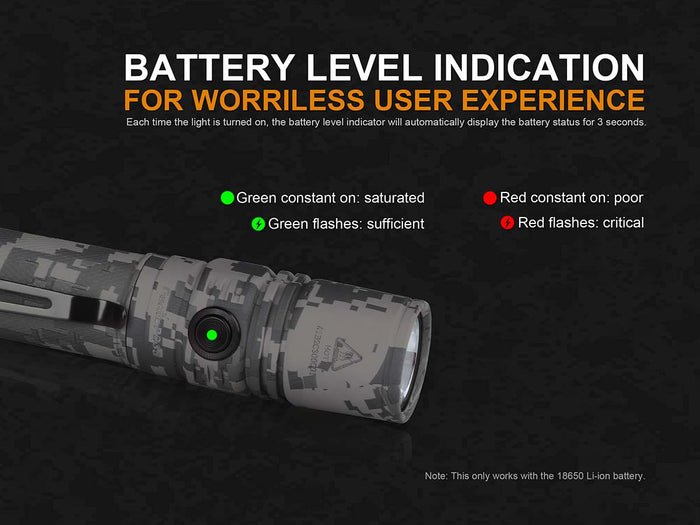 Fenix PD35v2 camo flashlight battery level