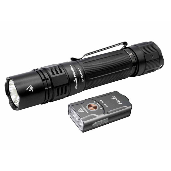 Black PD36R PRO flashlight with a free E03R V2.0 keychain light on a white background