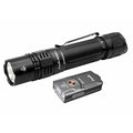 Black PD36R PRO flashlight with a free E03R V2.0 keychain light on a white background