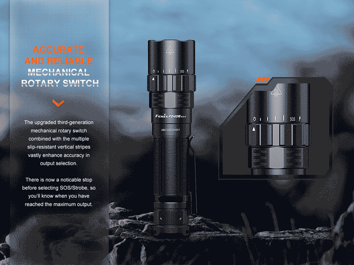 fenix pd40r v3.0 rechargeable flashlight mechanical rotary switch