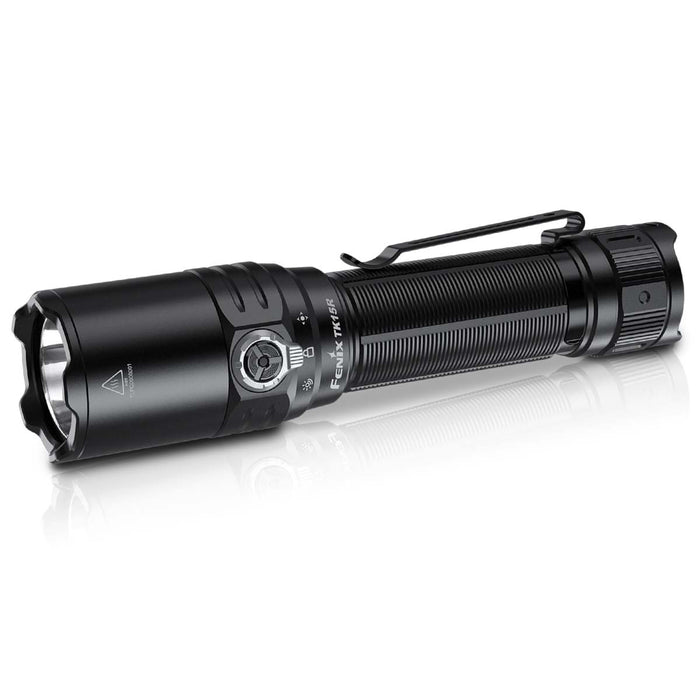 The Fenix TK15R flashlight with a pocket clip, shown at a diagonal angle on a clean white background
