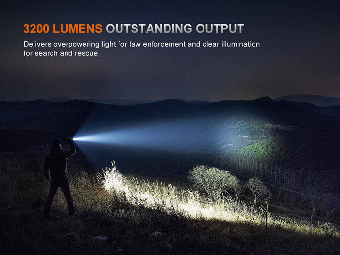 Person using the Fenix TK15R in a dark landscape with text highlighting 3200 lumens output