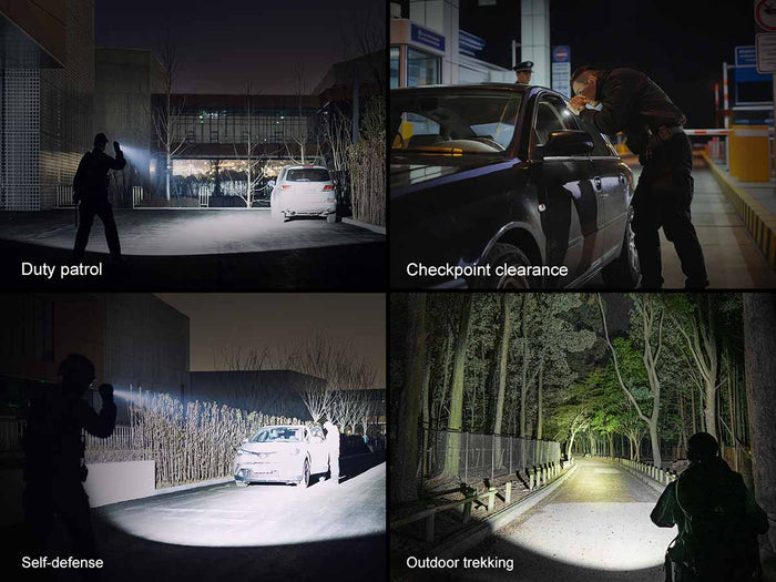 Collage of the Fenix TK15R being used in various scenarios including duty patrol, checkpoint clearance, self-defense, and outdoor trekking