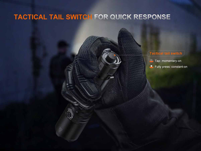 Fenix TK15R in a gloved hand with text about quick response and tactical tail switch