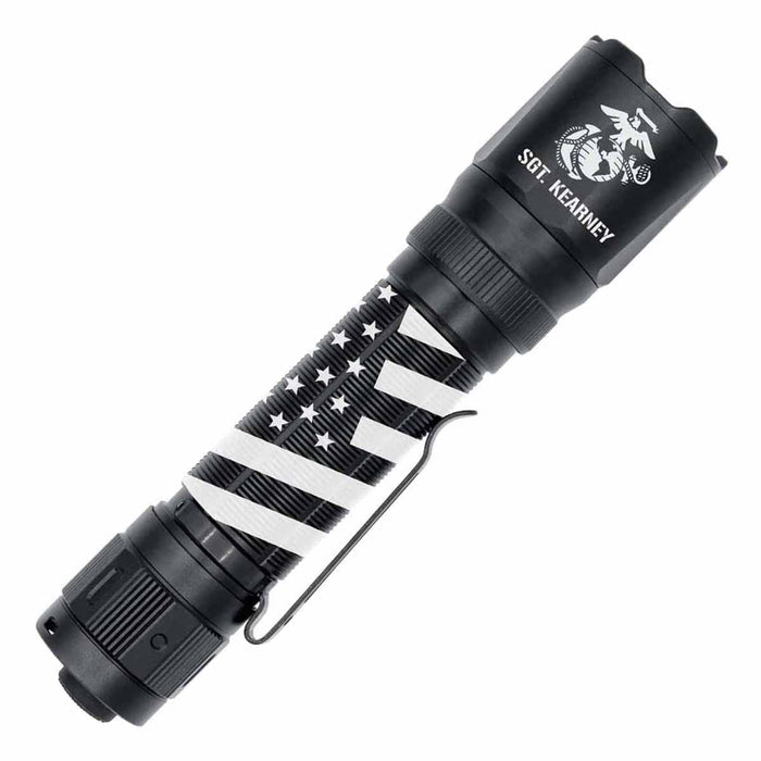 Black Fenix tk20r v2.0 flashlight with American flag design and 'Sgt. Kearney' branding on a white background