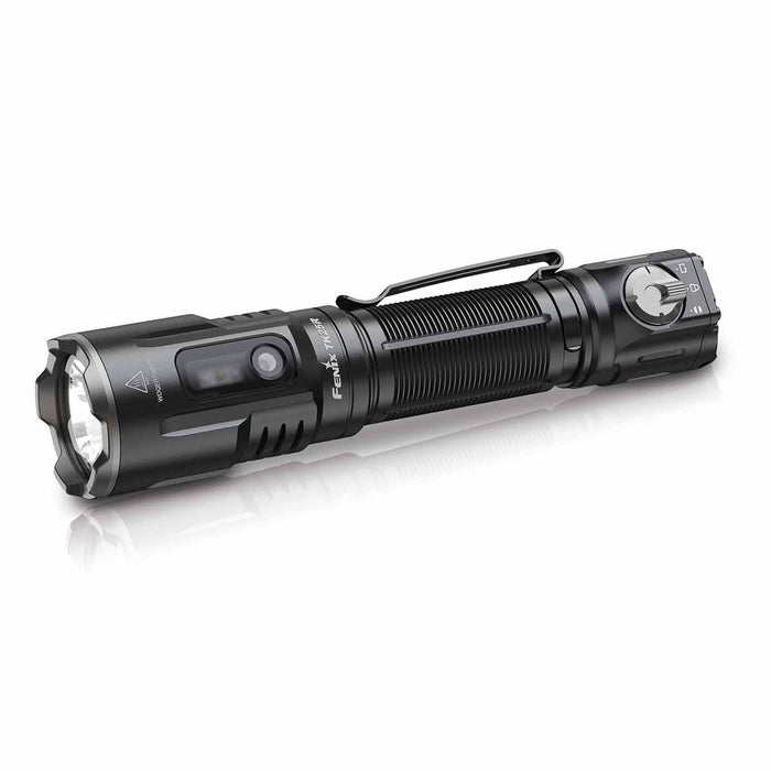 fenix tk25r tactical flashlight angled view of the front of the light on a white background