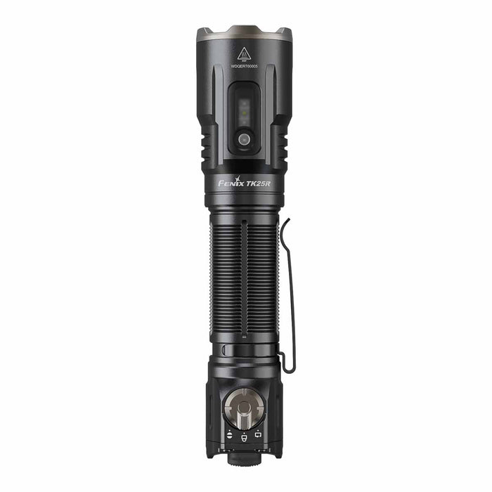 fenix tk25r tactical flashlight straight-on view of the light on a white background