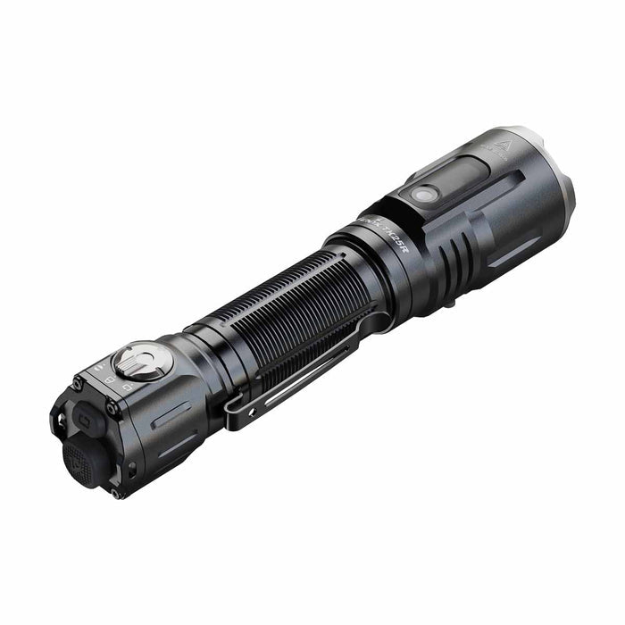 fenix tk25r tactical flashlight angled view of the back of the light on a white background