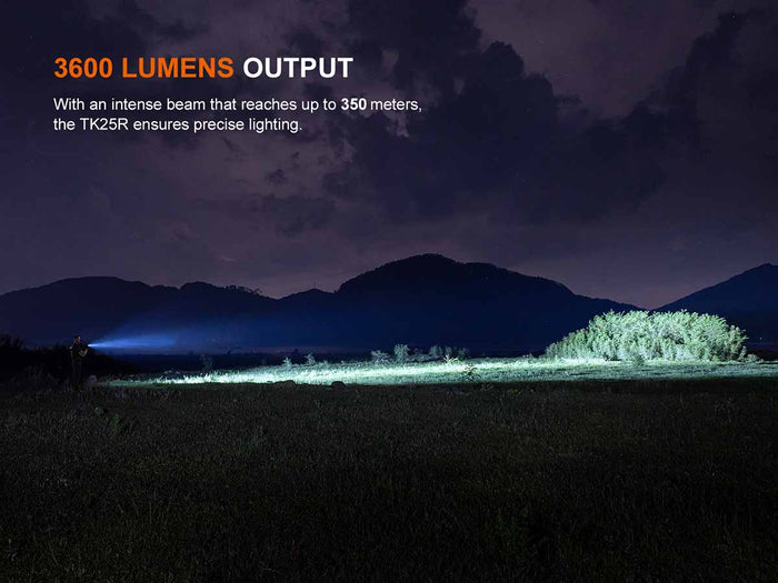 Dark landscape with a Fenix TK25R illuminating a field, highlighting 3600 lumens output feature