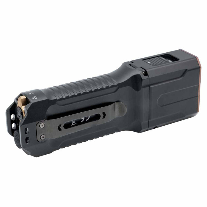 Fenix TK28R flashlight tail view with clip on white background