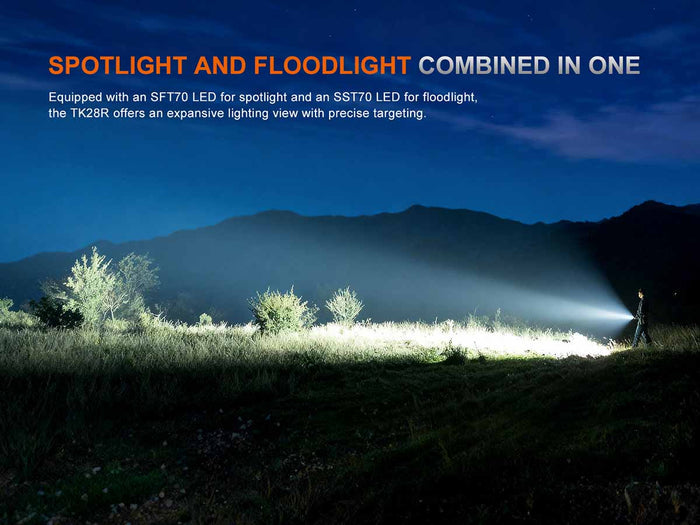 Fenix TK28R tactical flashlight illuminating a field with text about spotlight and floodlight capabilities