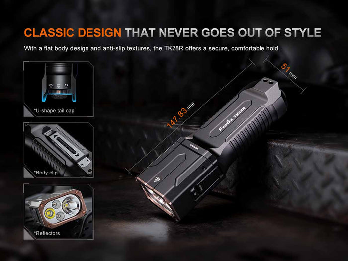 Fenix TK28R tactical flashlight with flat body design features highlighted on a dark background