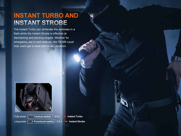 Person holding a flashlight with text about instant burst and strobe features on a dark background