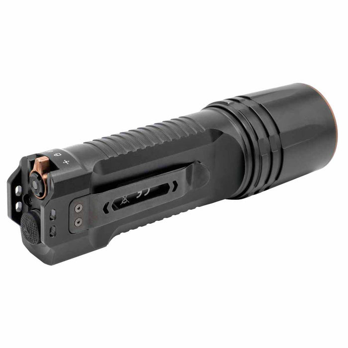 fenix tk35r rechargeable flashlight back view of tail, clip and switches
