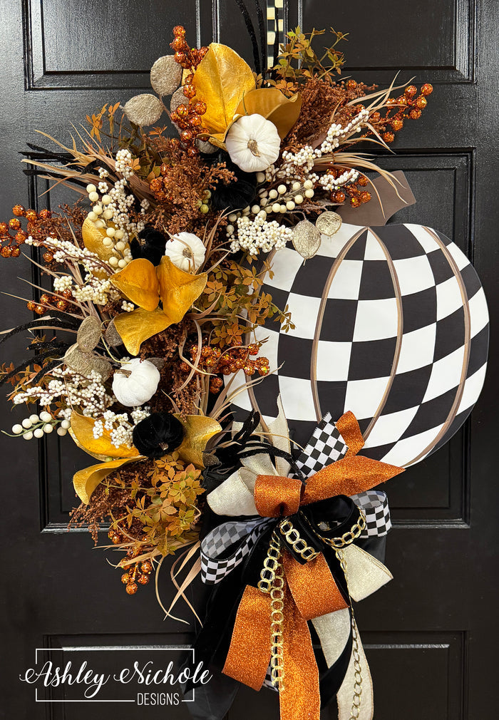 Glamorous Nights Checkered Pumpkin Wreath