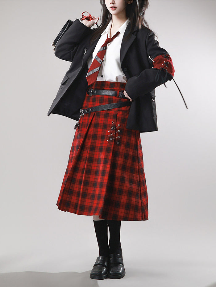 Gothic Red Plaid Double Belt Skirt