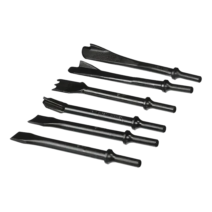 Black pneumatic air chisel set with seven chisels for exhaust service and pipe cutting