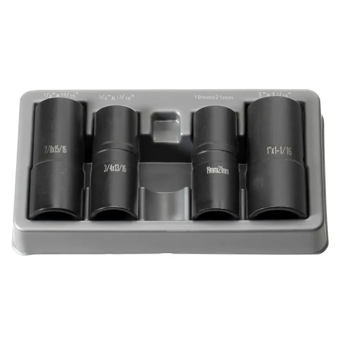 Socket set in gray tray made from chrome-molybdenum alloy steel for durability