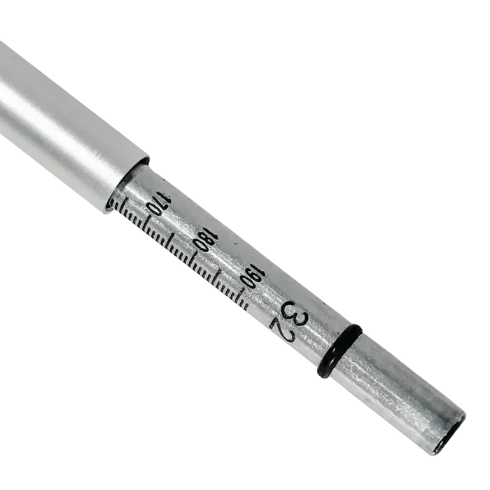 Silver syringe for measuring tire tread depth with Haltec 5131 gauge and magnified sight-glass