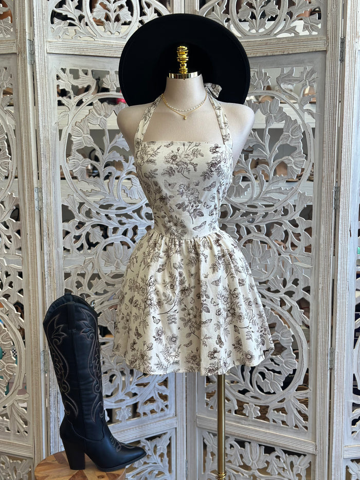 Halter Sketch Floral Mini Dress - Estira, Stretchy