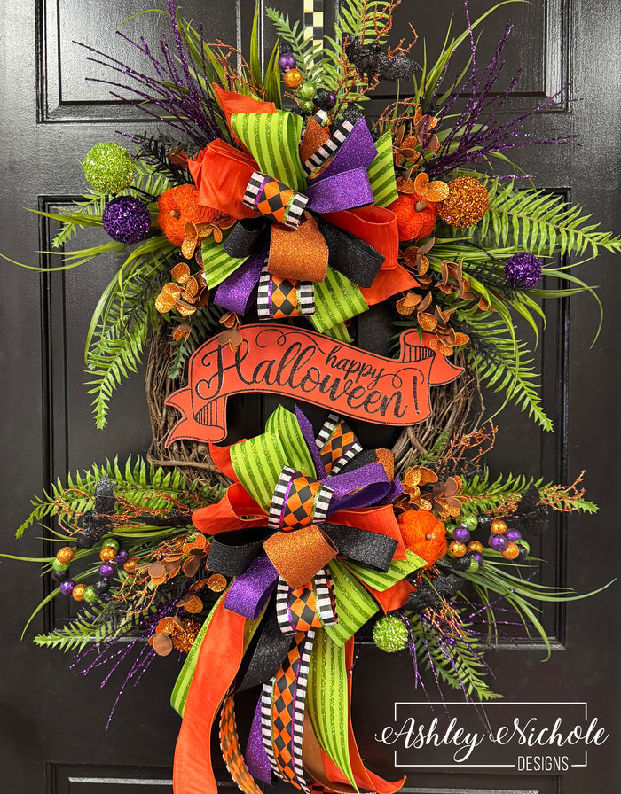 Happy Halloween Banner and Bats Wreath