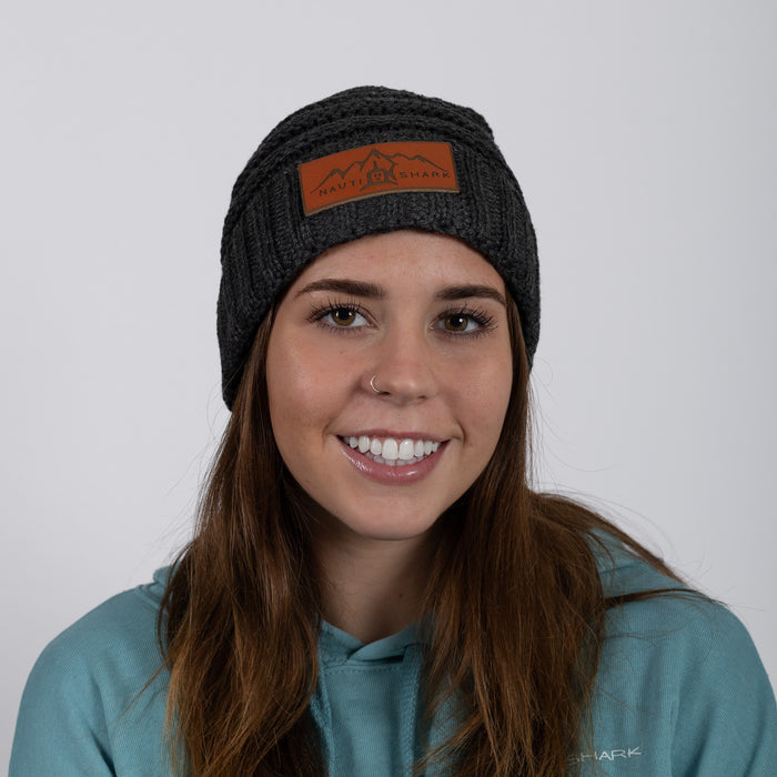 Leather Mountain Knit Beanie - Charcoal