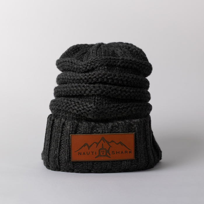 Leather Mountain Knit Beanie - Charcoal