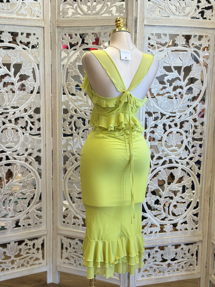 Lime Green Ruched Midi Dress-Estira, Stretchy